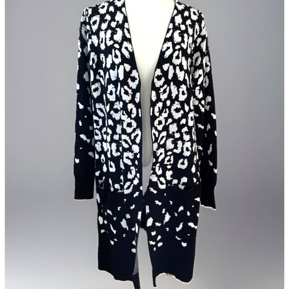 Nina Leonard Leopard Cardigan Duster with Pockets Womens Large Black Boho Luxury - Picture 1 of 11